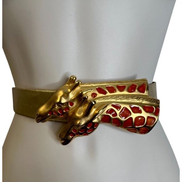 Giraffe Statement Belt Gold Leather 37 inch Double Giraffe Head main image 5